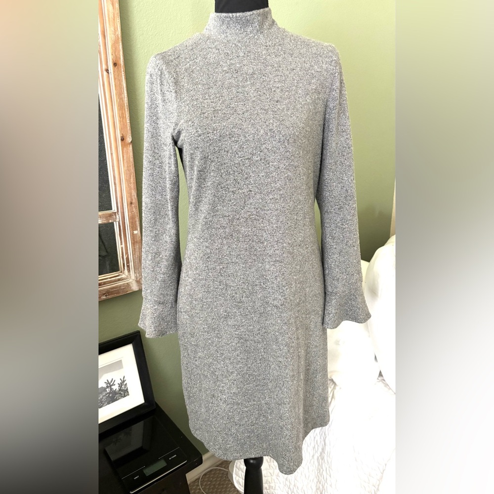 WHBM small dress gray shimmer Small Mock Turtleneck dress bell sleeves modest